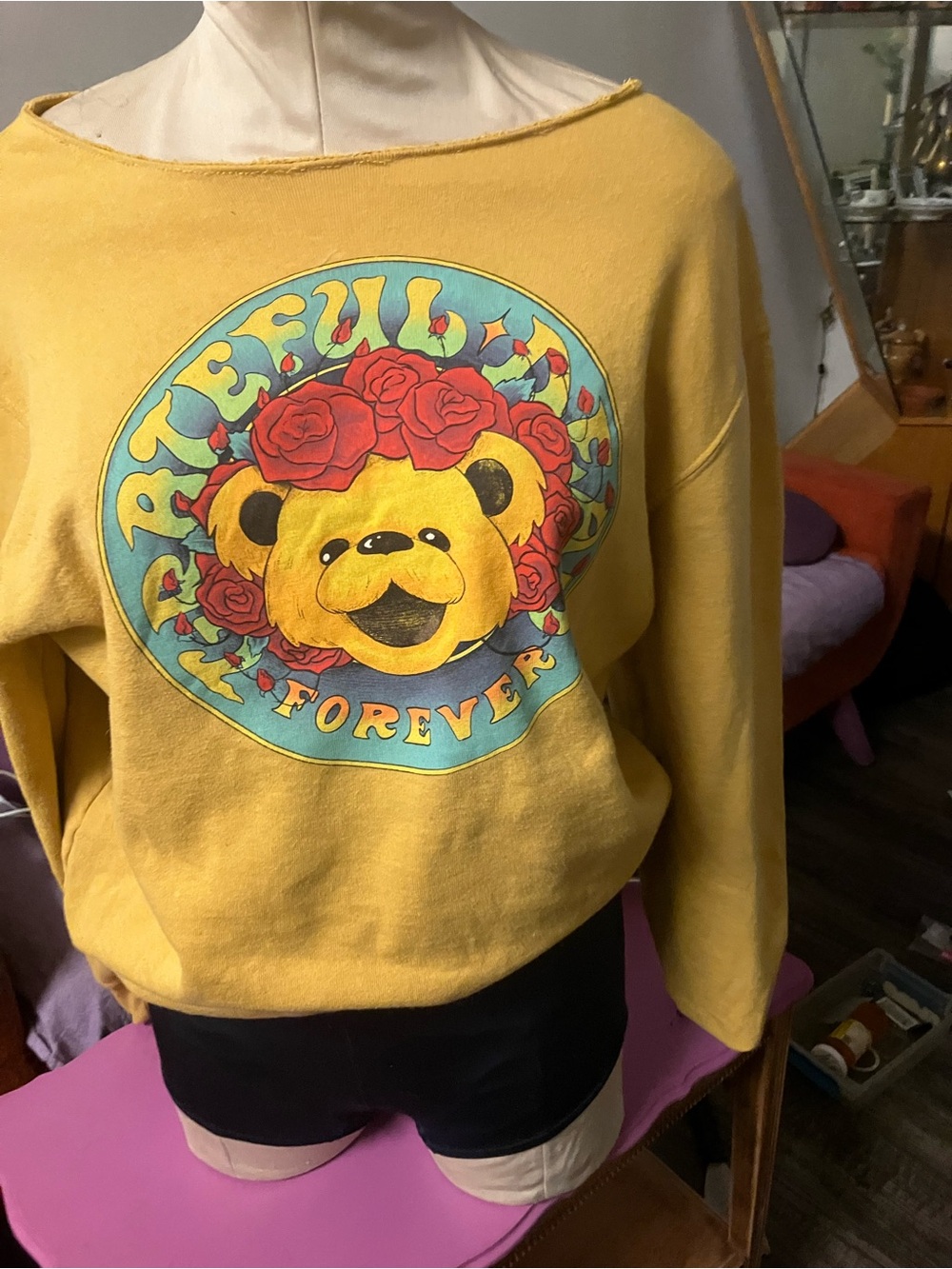 Grateful Dead Mustard Yellow Off-the-Shoulder Sweatshirt with Bear Graphic